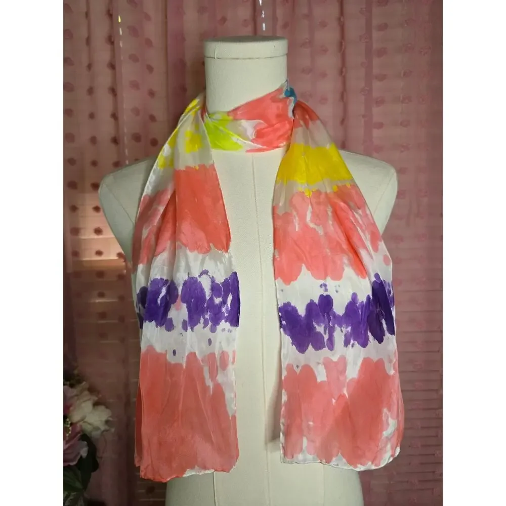 Coral Pink Watercolor 100% Silk Scarf Purple Yellow Artsy Boho Resort 52x8